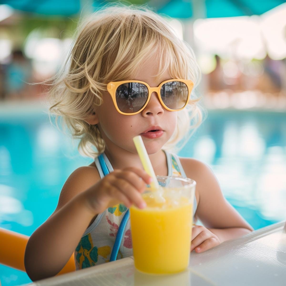 A blond boy 3 year old girl drinking a pina colada at the pool aquapark at Bahamas , yellow sunglasses, portrait, 35mm lens, f/1.8, accent lightning, professional color grading