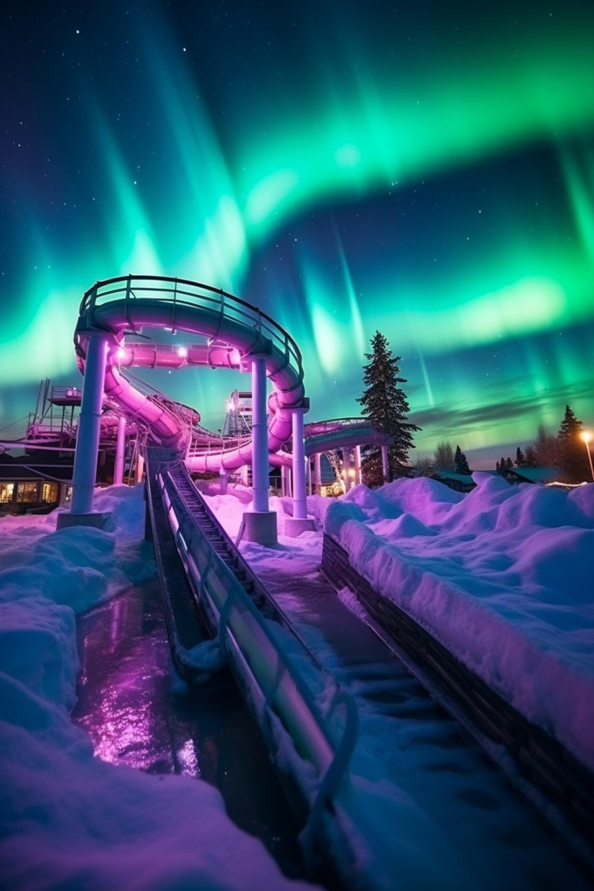 Aquapark strange bizarre ice with million dizzy amusement rides in the Northern pole built of crystal ice the aurora borealis above snow and ice hammocks around low view awarded photo