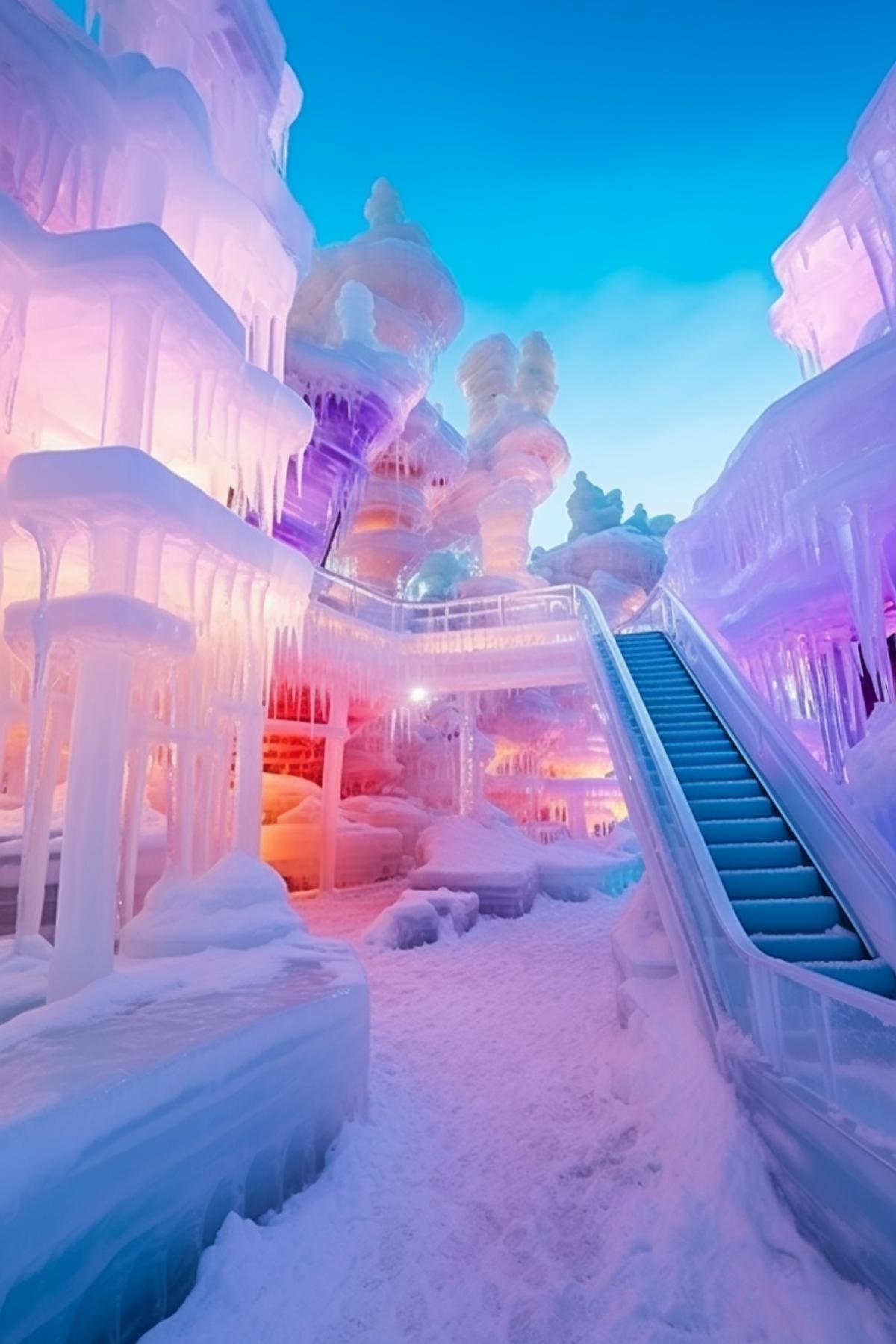 Aquapark strange bizarre ice with million dizzy amusement rides in the Northern pole built of crystal ice the aurora borealis above snow and ice hammocks around low view awarded photo