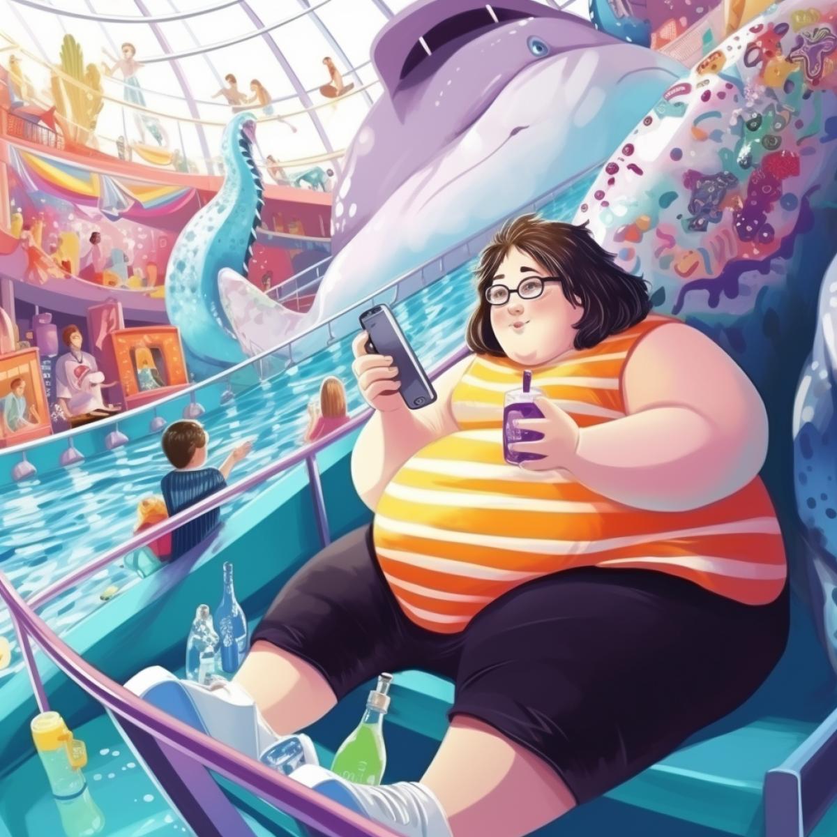 a beautiful obese teenage is sitting in a big aquapark. She is drinking a multicolourrockettail
