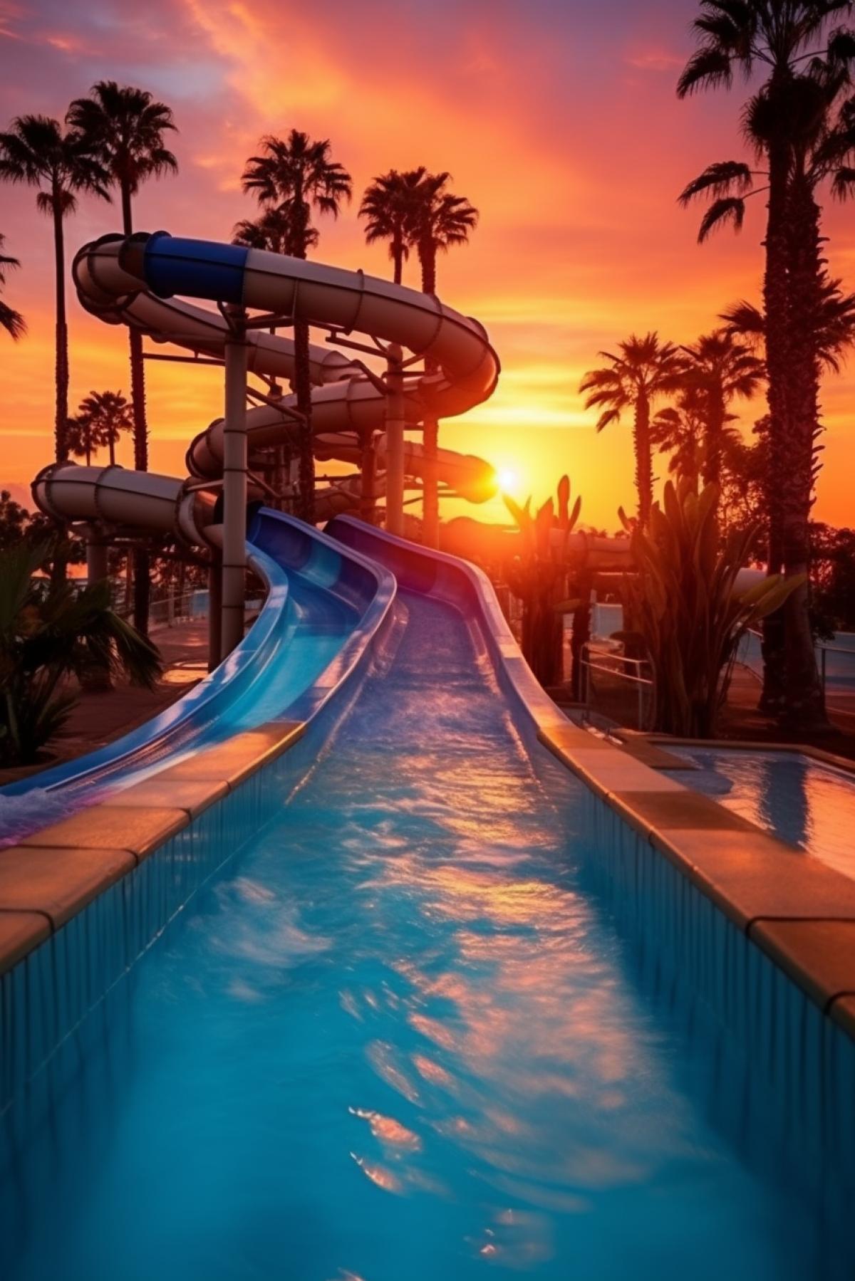 Silhouette of intricate elaborate aquapark with thousands of amusement rides in the background of tropical sunset crazy colours photo