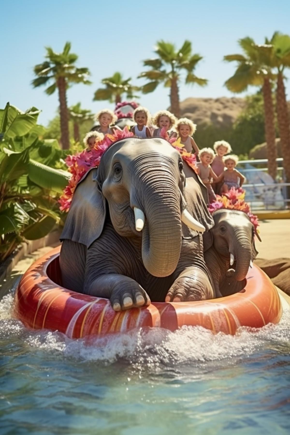 Happy jolly Elephants family in tropical aquapark amusement rides having fun awarded photo