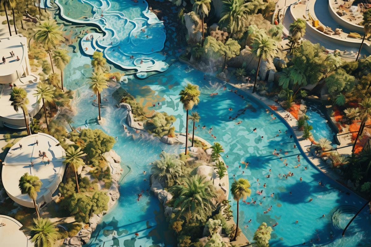 birds eye-view establishing shot, Los Angeles colossal swimming pools. Crystal-clear turquoise water stretches as far as the eye can see, People joyfully swim and float on inflatable rafts, enjoying the unique experience of gliding through the submerged concrete jungle on the way to work