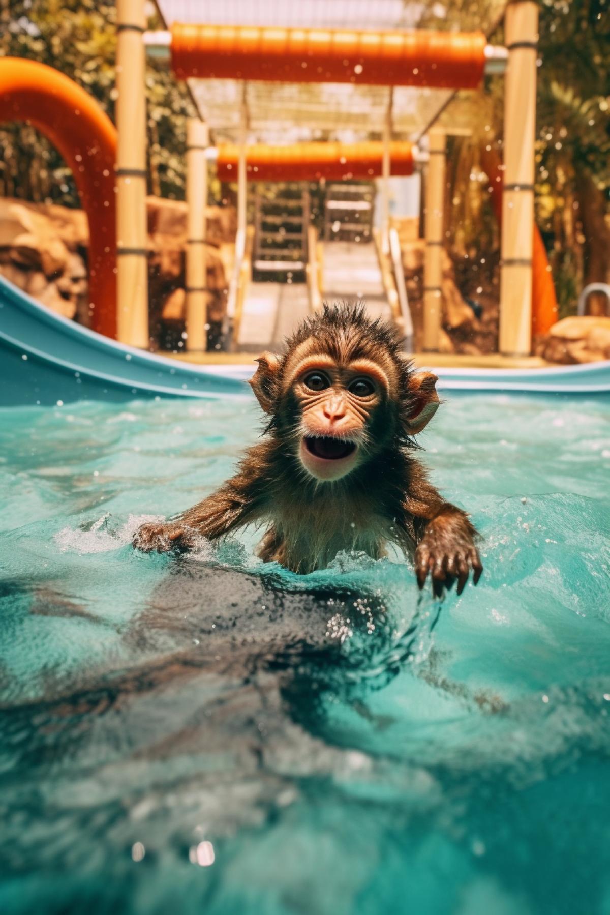 A little monkey swims in the water park