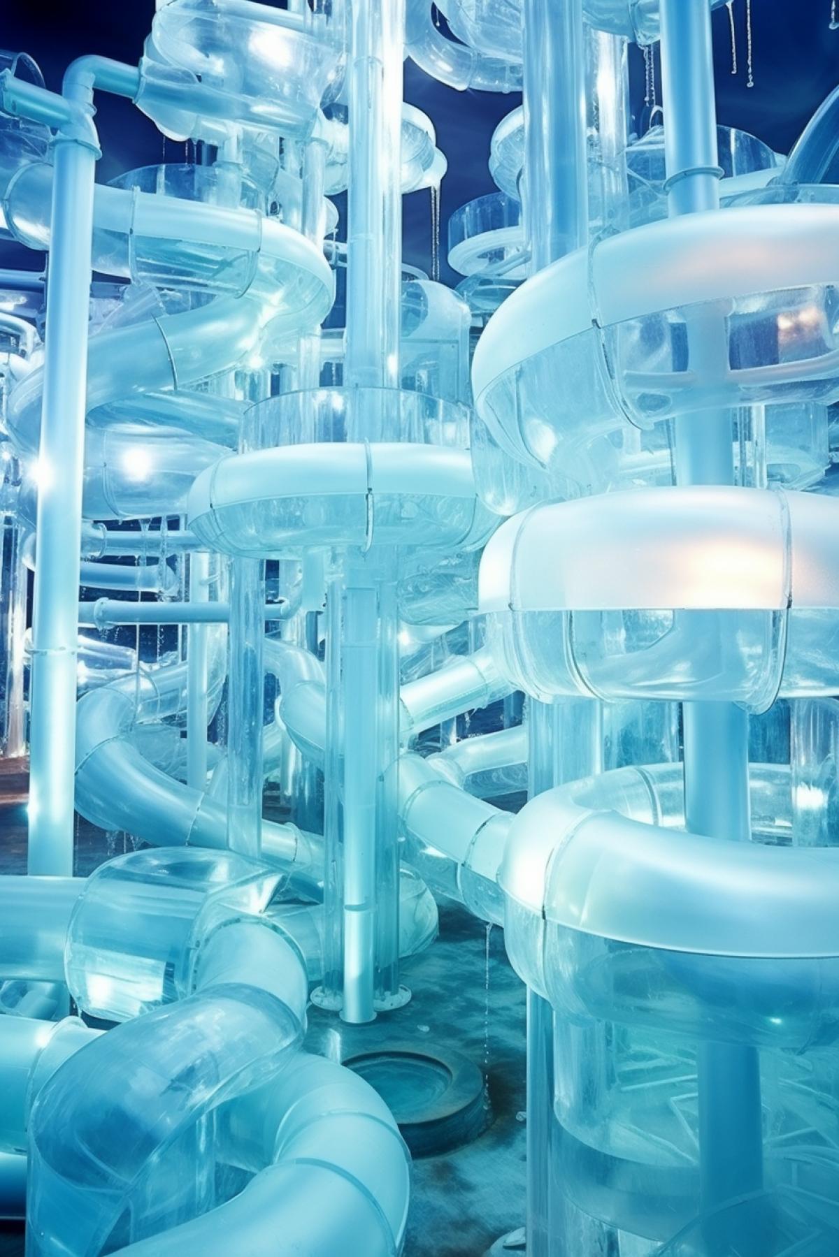 Aquapark amusement rides made of transparent gland crystal artificial sophisticated lighting bizarre view photo
