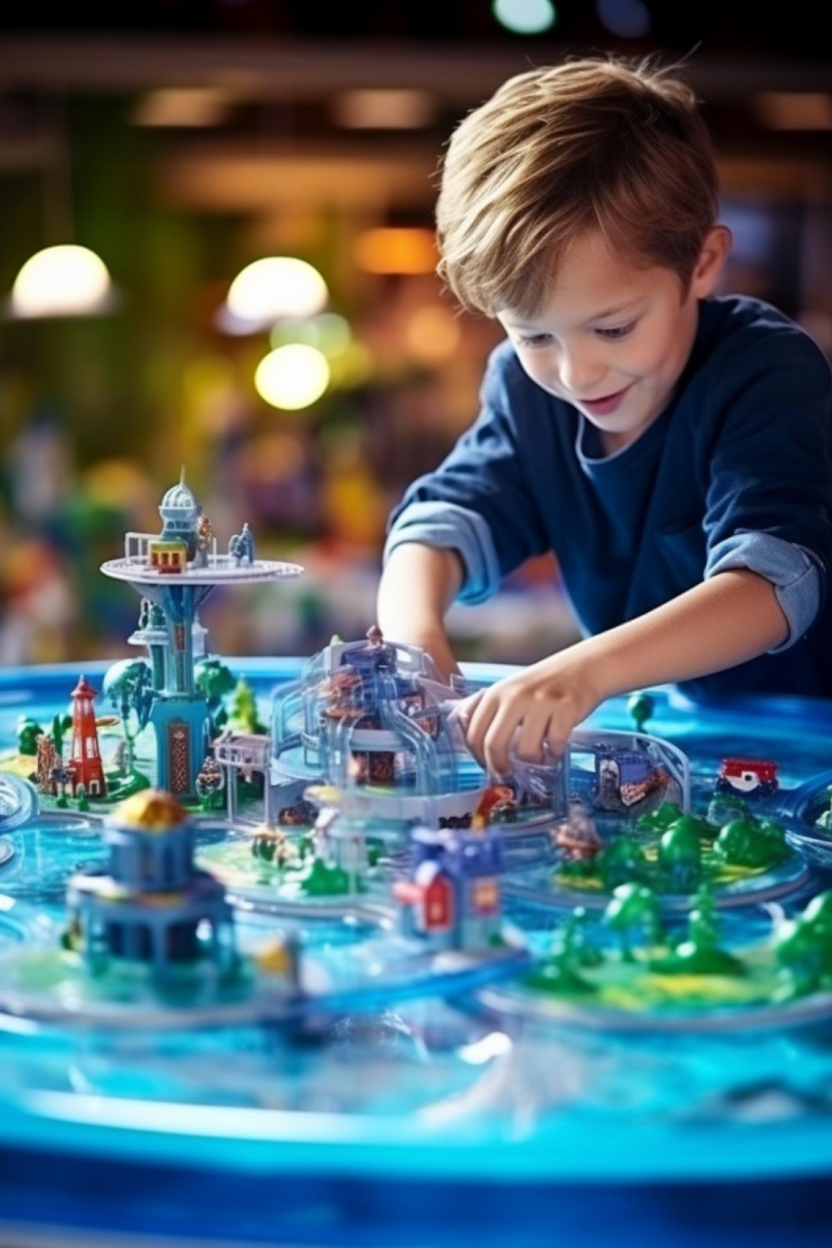 5-year-old smart boy building up aquapark model with million multicolour amusement rides on the table water blinks shine gloss bubbles splashes awarded photo