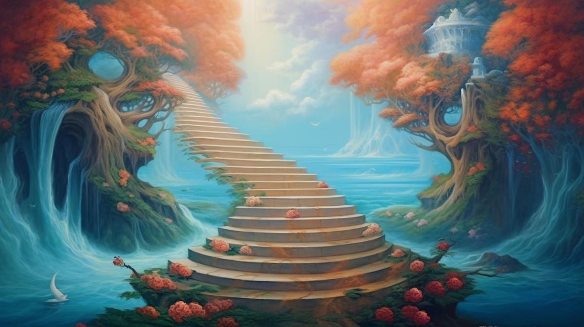 stairs leading to heaven painting wallpaper, in the style of joyful celebration of nature, surreal seascapes, i cant believe how beautiful this is, fairy tale
