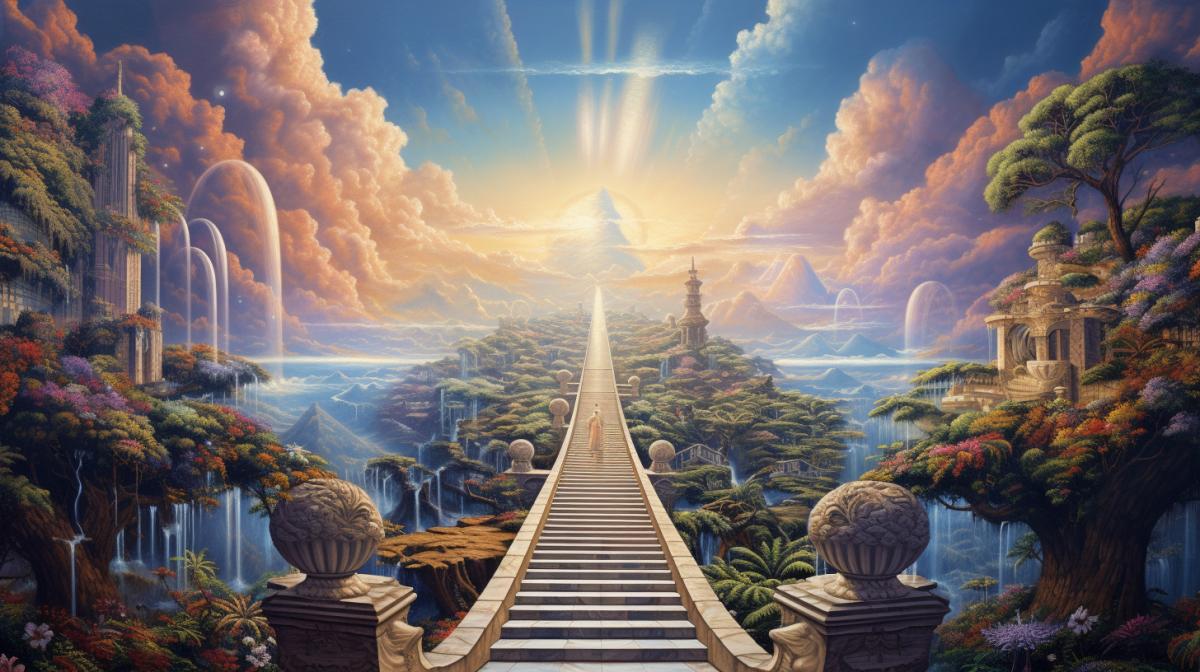 Steps leading to Paradise, good quality, high detail, surrealism, Biblical motifs, atmosphere of satisfaction