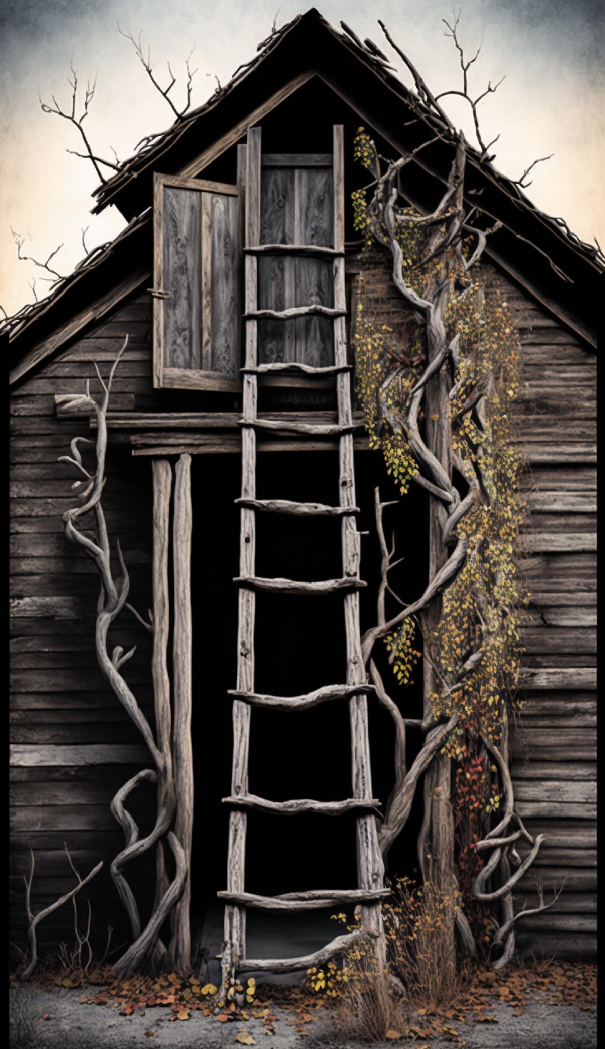 an ordinary wooden old village ladder made of branches near a dilapidated barn