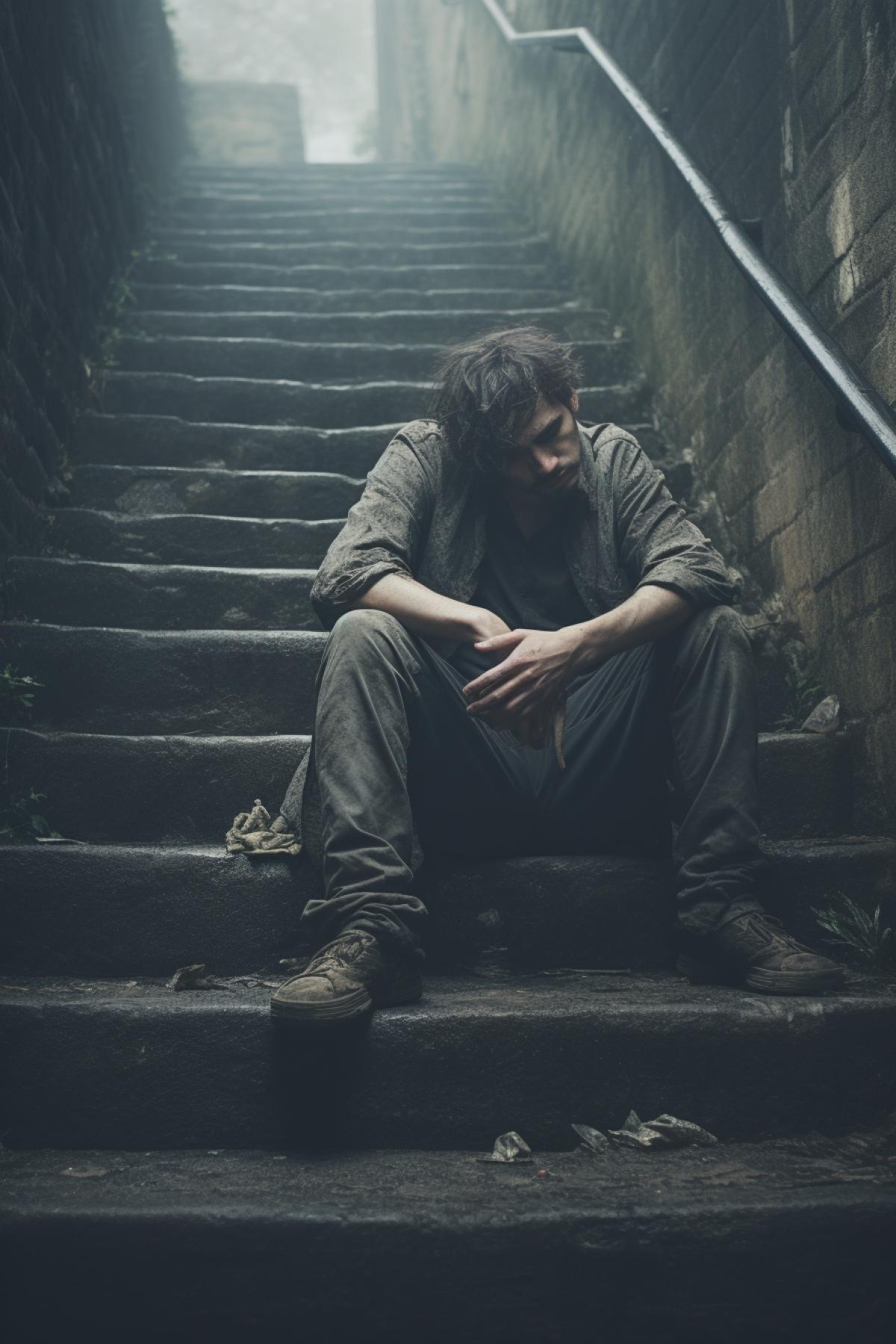 dirty man man sleeping on stone stairs, cloudy atmosphere, grainy filter, on Sony camera