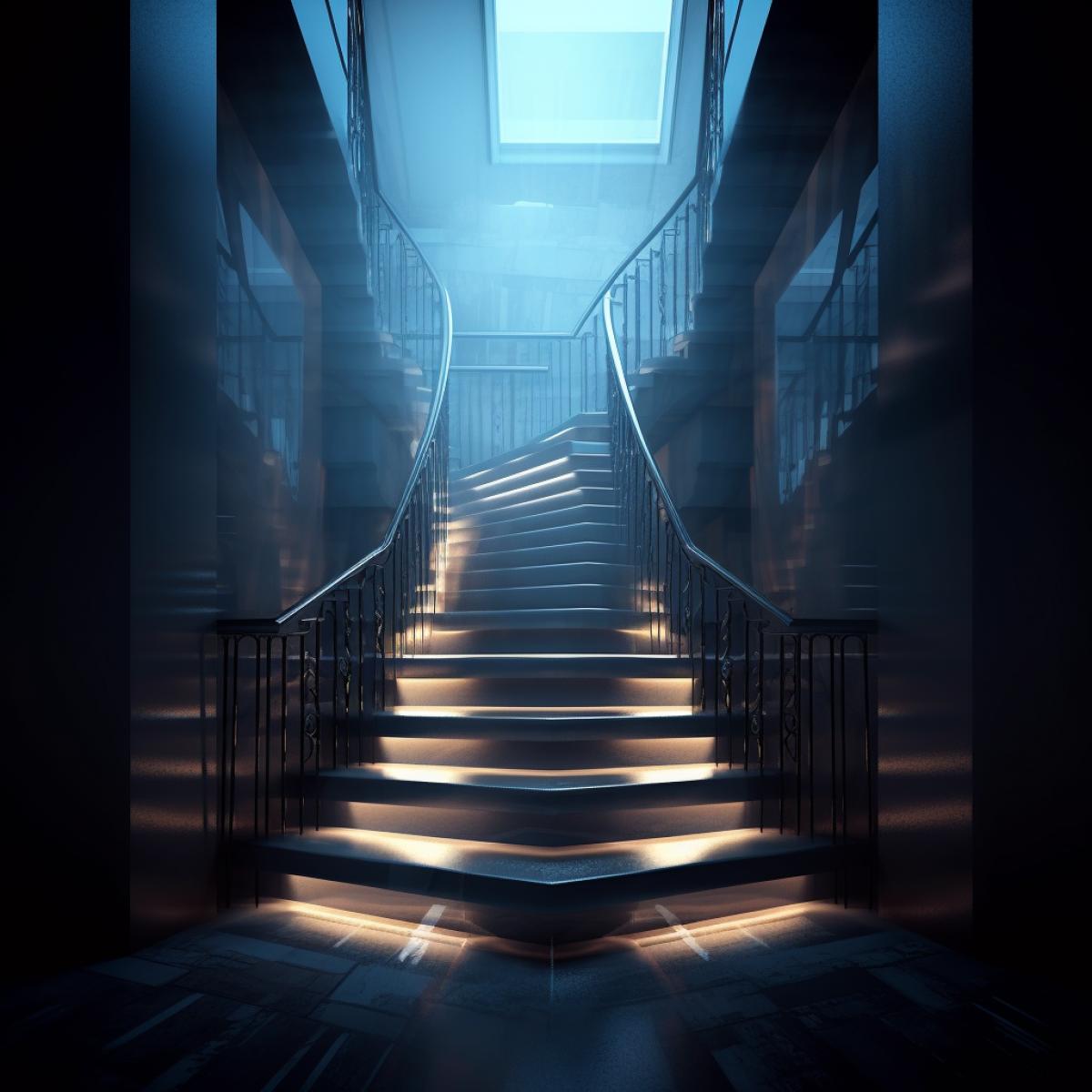 staircase to Another dimension, beautiful and non-standard steps, division into light and darkness, lightning, flickering, blurs, suspense, luminous staircase