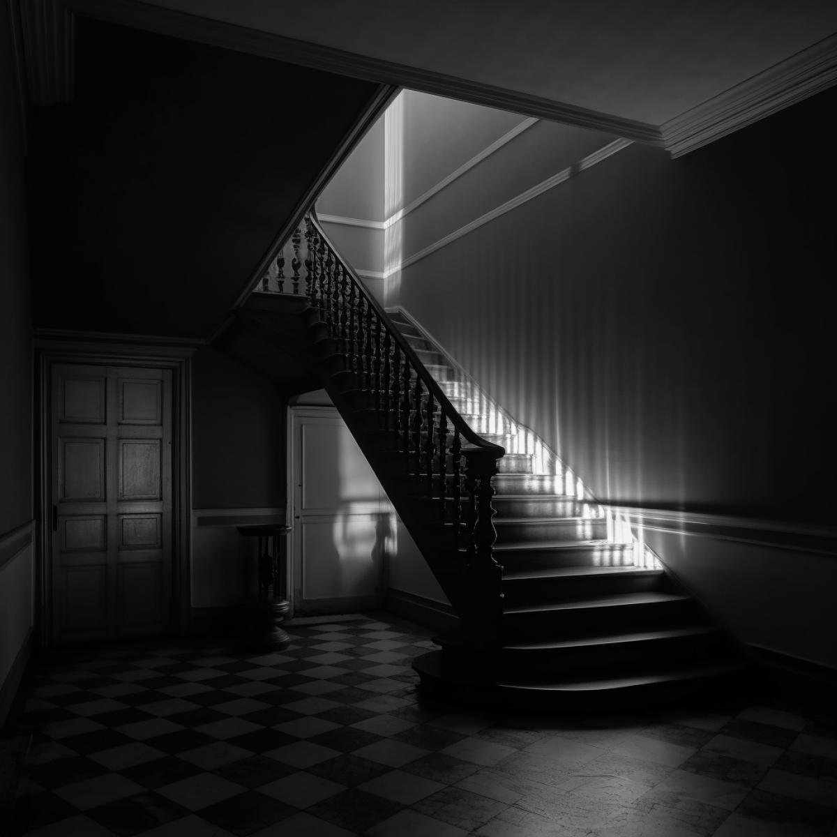 staircase to Another dimension, beautiful and non-standard steps, division into light and darkness, lightning, flickering, shadows, the unknown