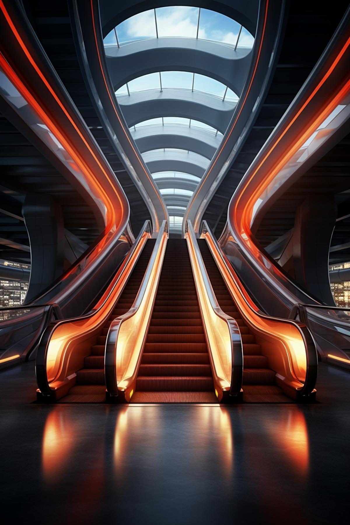 Futuristic escalator, future technology, clean design, moderate lighting