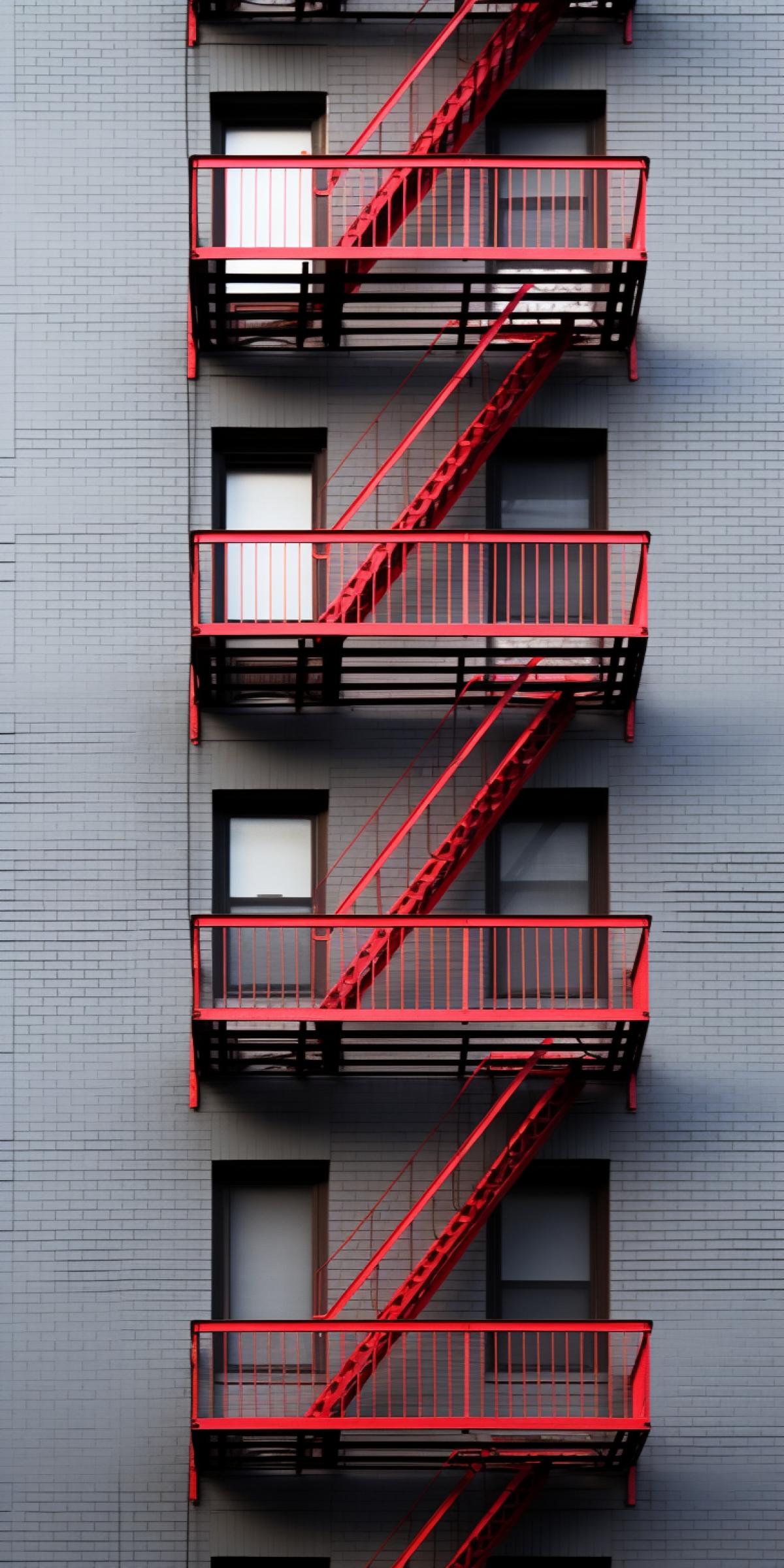 Fire escape of a high-rise building, minimalist photo, vertical format photo wallpaper, perfectionism style,