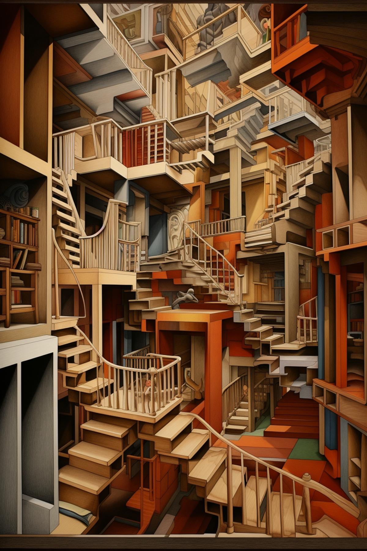 Maurits Escher polydimensional space with impossible self-crossing stairways color photo professional light