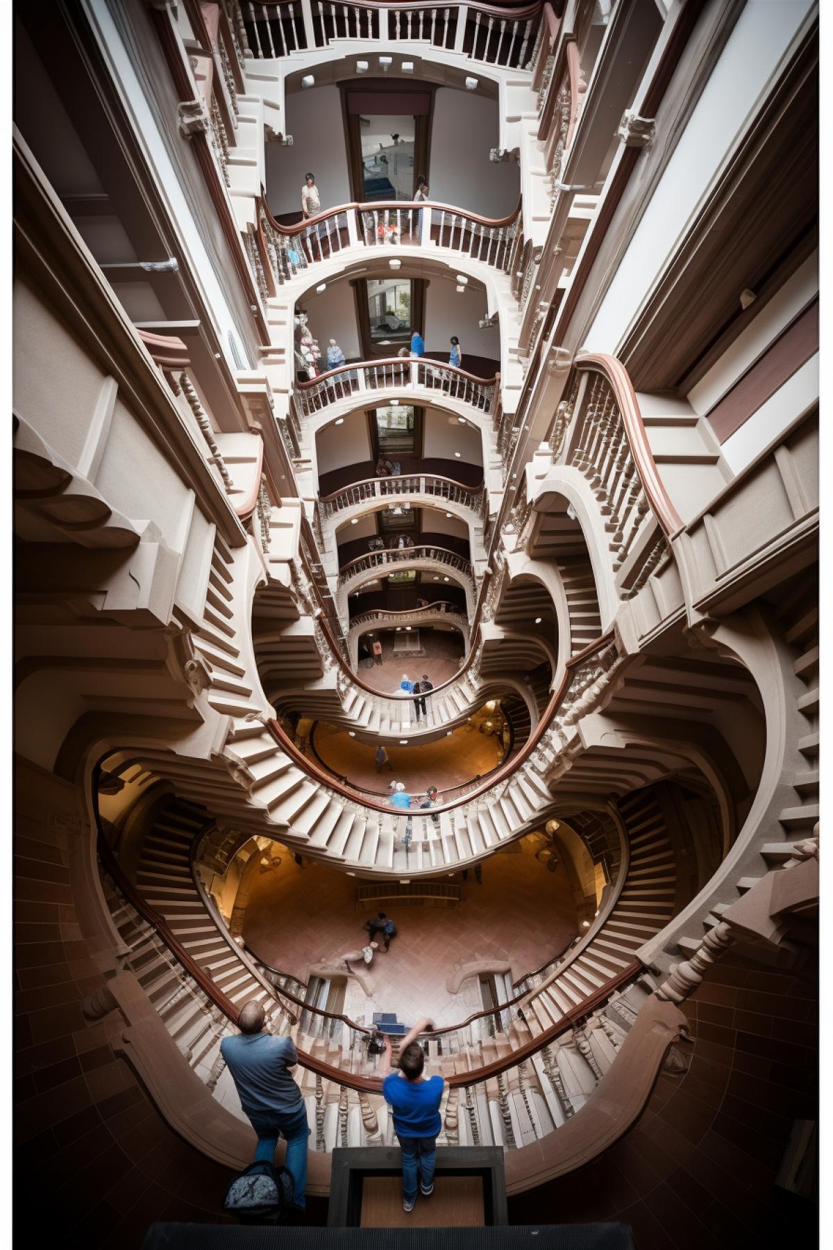 Maurits Escher polydimensional Möbius space with impossible self-crossing stairways and walking people color photo professional light fisheye lens