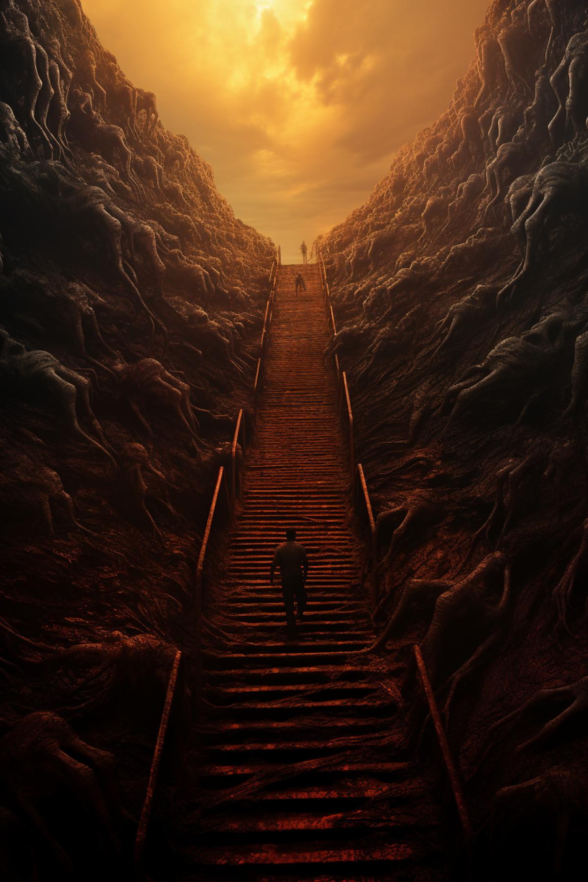 Stairway down to hell gloomy frightening view down to hell zdzislaw beksinski style awarded photo high depth of field