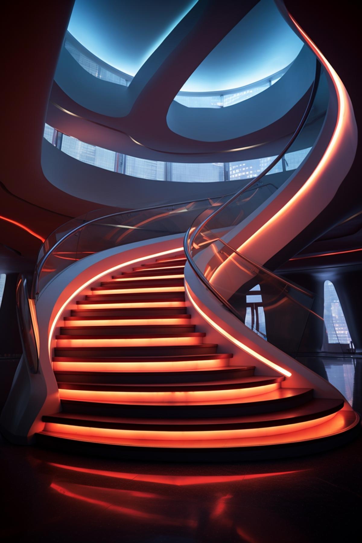 The most ergonomical stairway in futuristic extraterrestrial interior professional cinematographic light photo for interior review