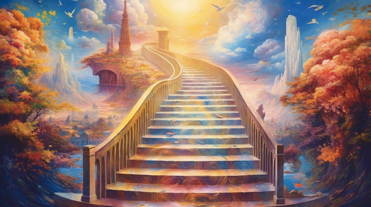 stairs leading to heaven painting wallpaper, in the style of joyful celebration of nature, surreal seascapes, i cant believe how beautiful this is, fairy tale