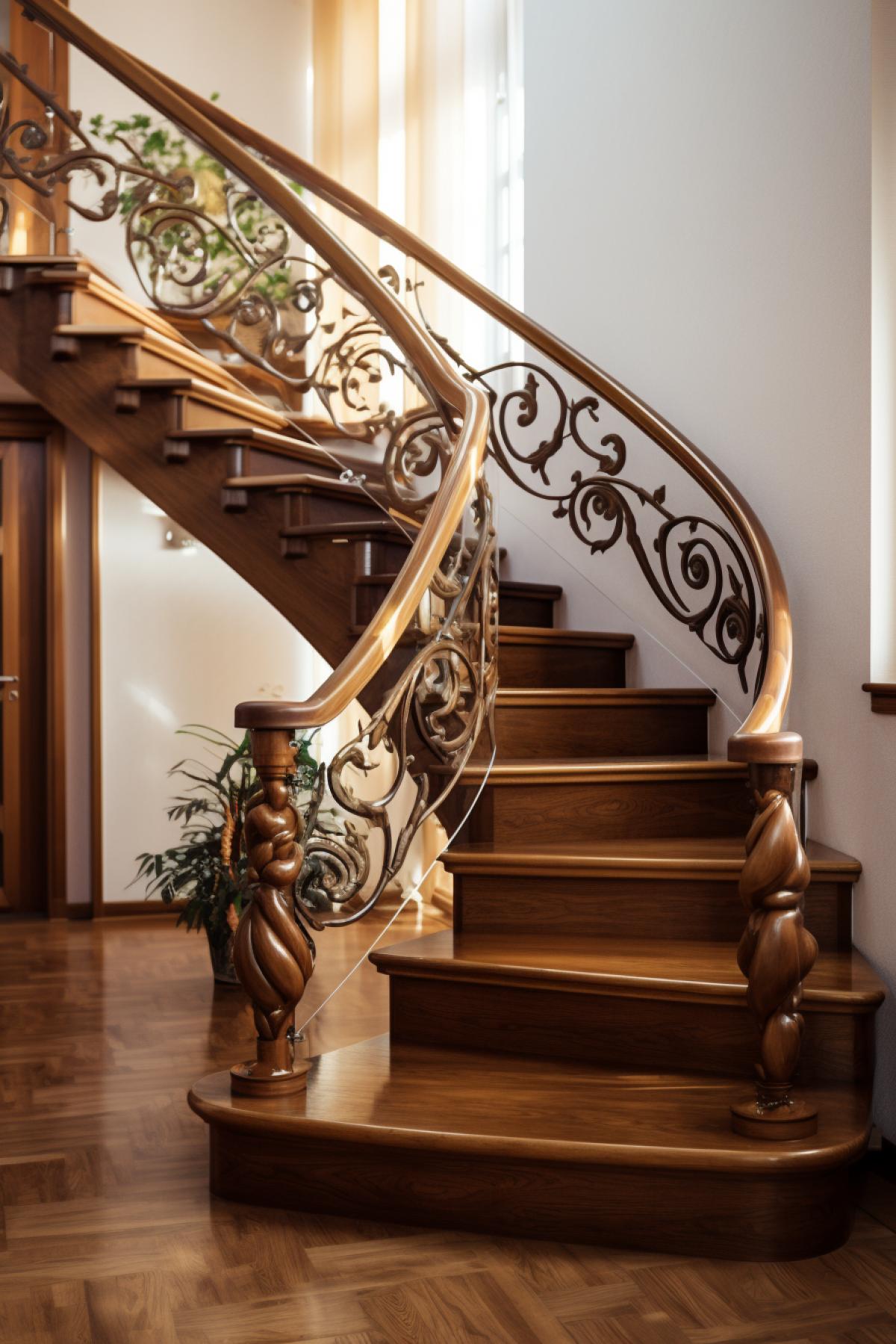 Wooden stairway with engraving made of rare wood beautiful cosy shine gloss
