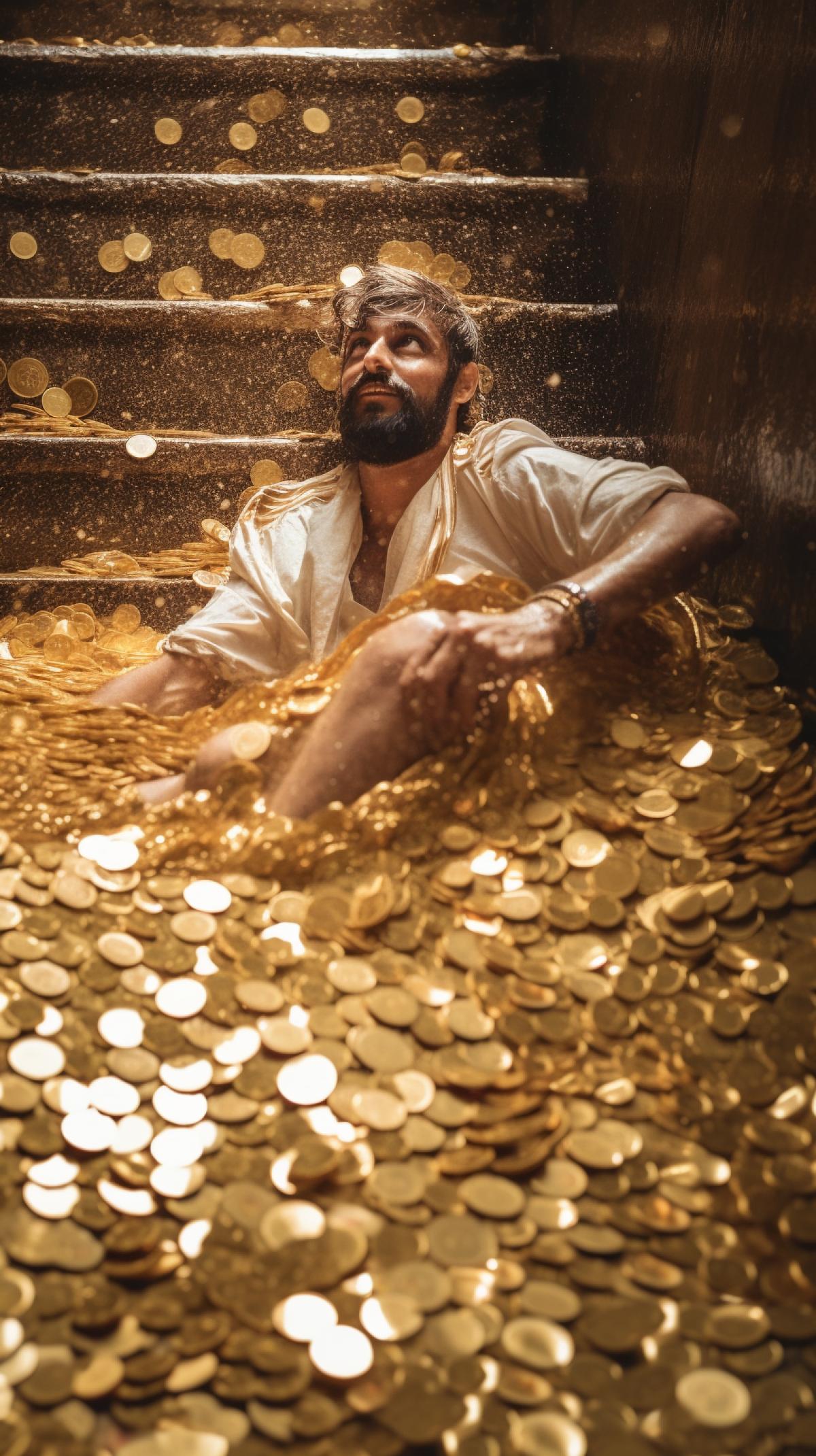 Indian Raja drowns in a large pile of gold coins on the stairs, gold coins fall down the stairs, clear day, grainy filter, on Sony camera