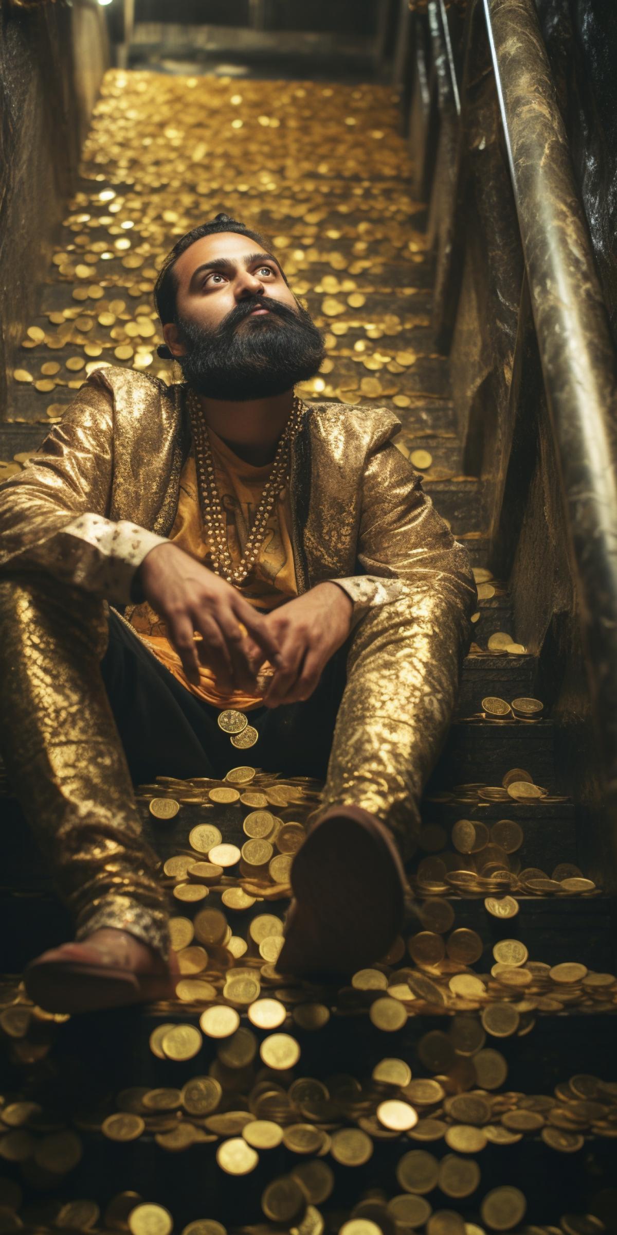 Indian Raja lies in a large pile of gold coins on the stairs, gold coins are falling down the stairs, clear day, grainy filter, on Sony camera