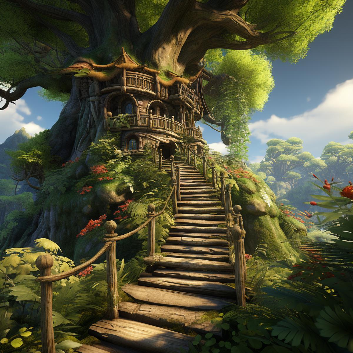 Steps made of branches and leaves, decorated with fresh flowers, lead to a beautiful tree house where forest elves live