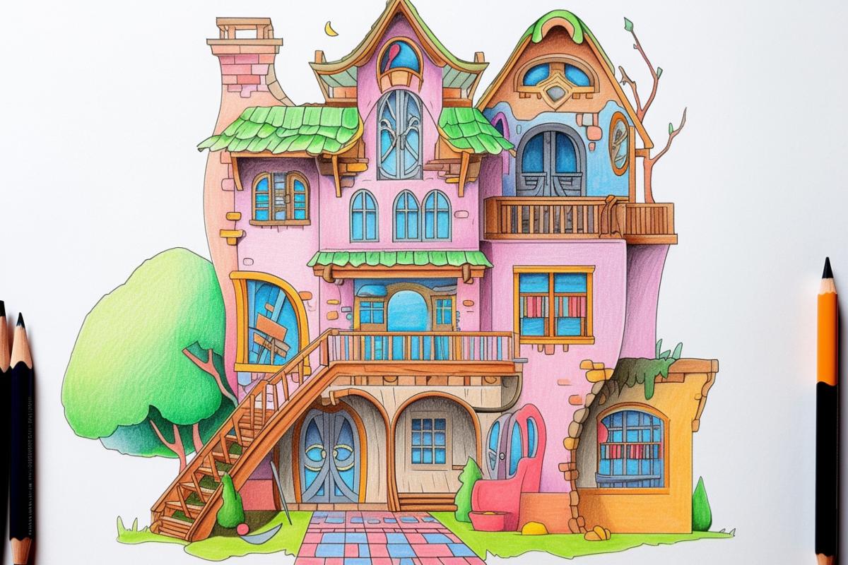 Childrens drawing with colored pencils depicting a house with a high porch and many, many colorful steps