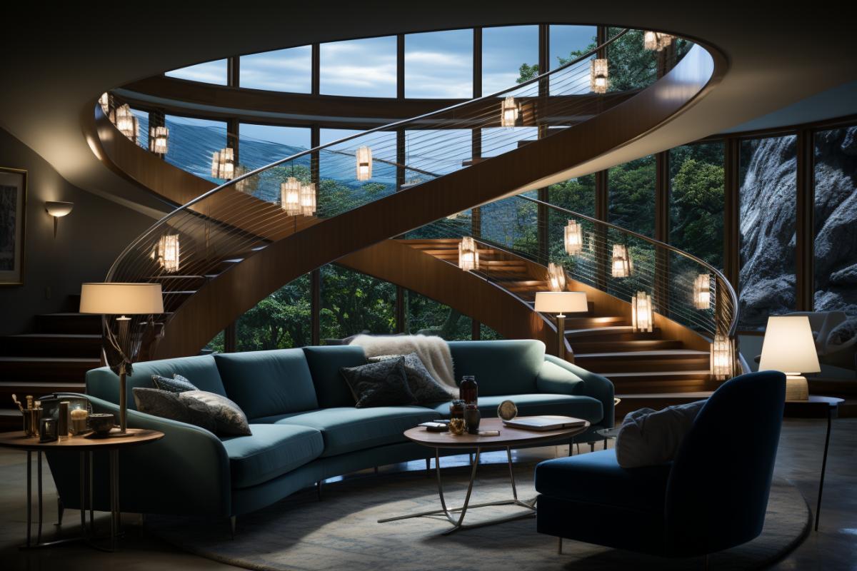 an unusual interior for an Escher-style anti-cafe, with an inverted staircase from ceiling to floor that leads nowhere, with futuristic scar lamps on long legs, several soft sofas and armchairs of different sizes, styles and colors, and several different tables for tabletops games, with shelving and bookshelves placed in unexpected ways, soft warm slightly bright lighting