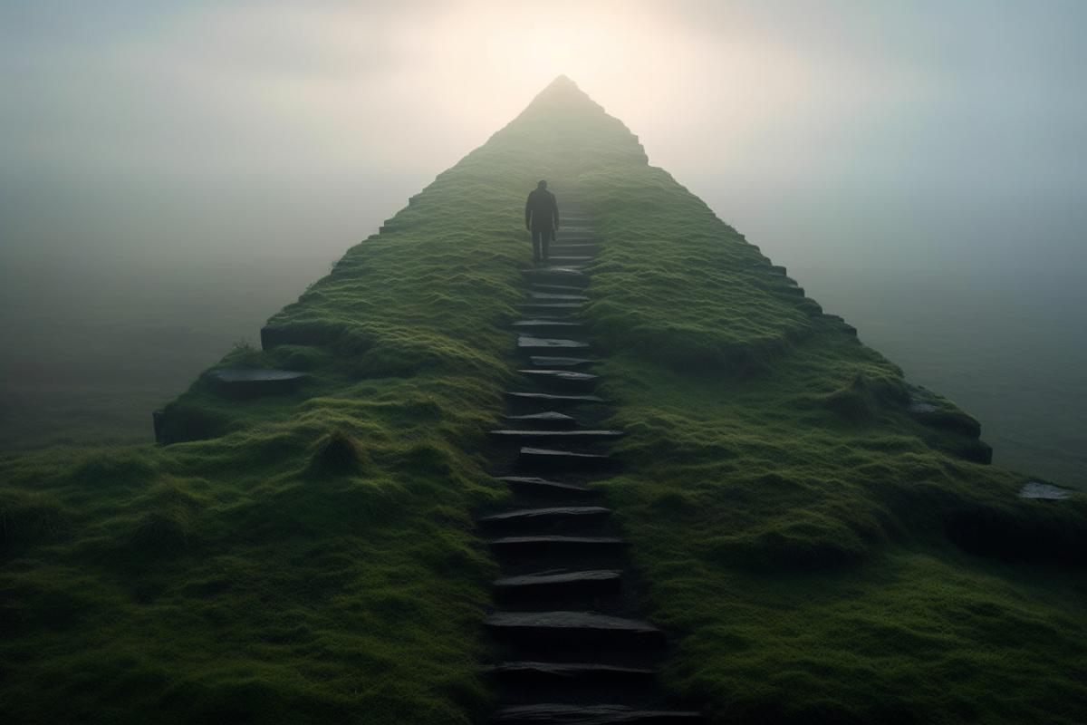 Eschers impossible triangle in a fantastic landscape and steps leading to its top