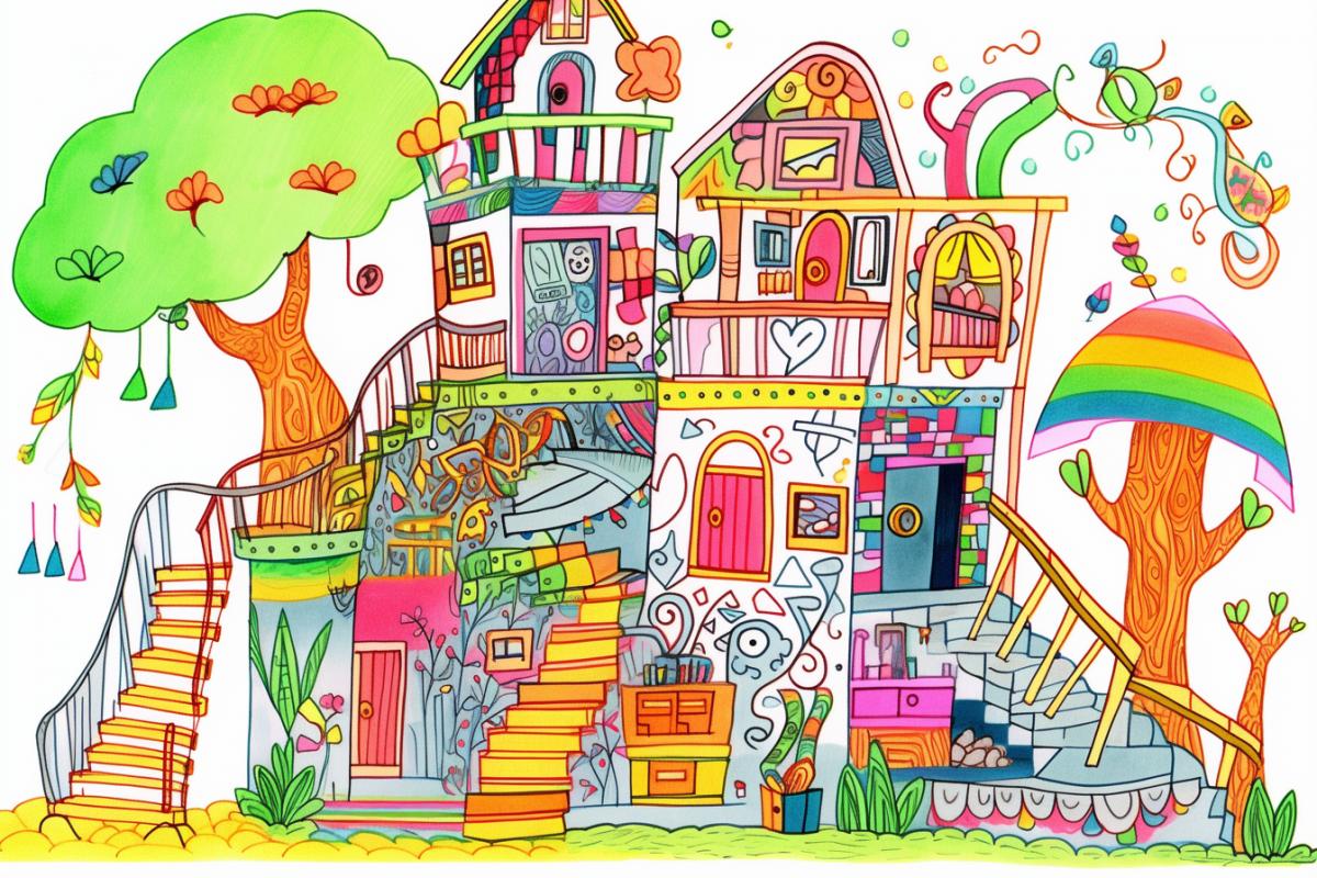 a small simple house with a high porch and a large staircase with many, many colorful steps, a childs drawing with colored felt-tip pens, doodles