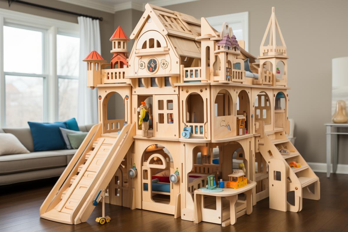 Unusual design of a wooden staircase in a small cottage, minimalist design, childrens play area, doll houses under each step