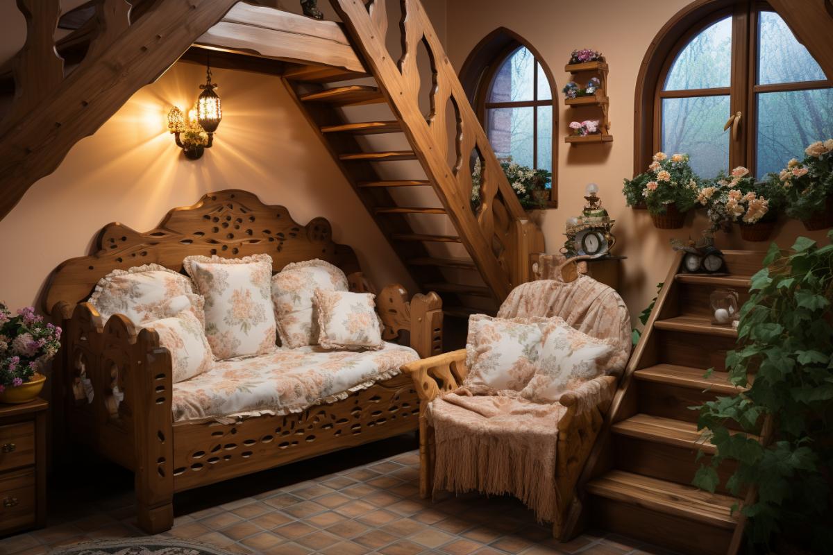 Unusual design of a wooden staircase in a small cottage, minimalist design, childrens play area, doll houses under each step