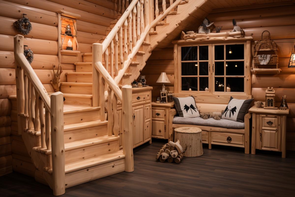 Unusual design of a wooden staircase in a small cottage, minimalist design, childrens play area, doll houses under each step