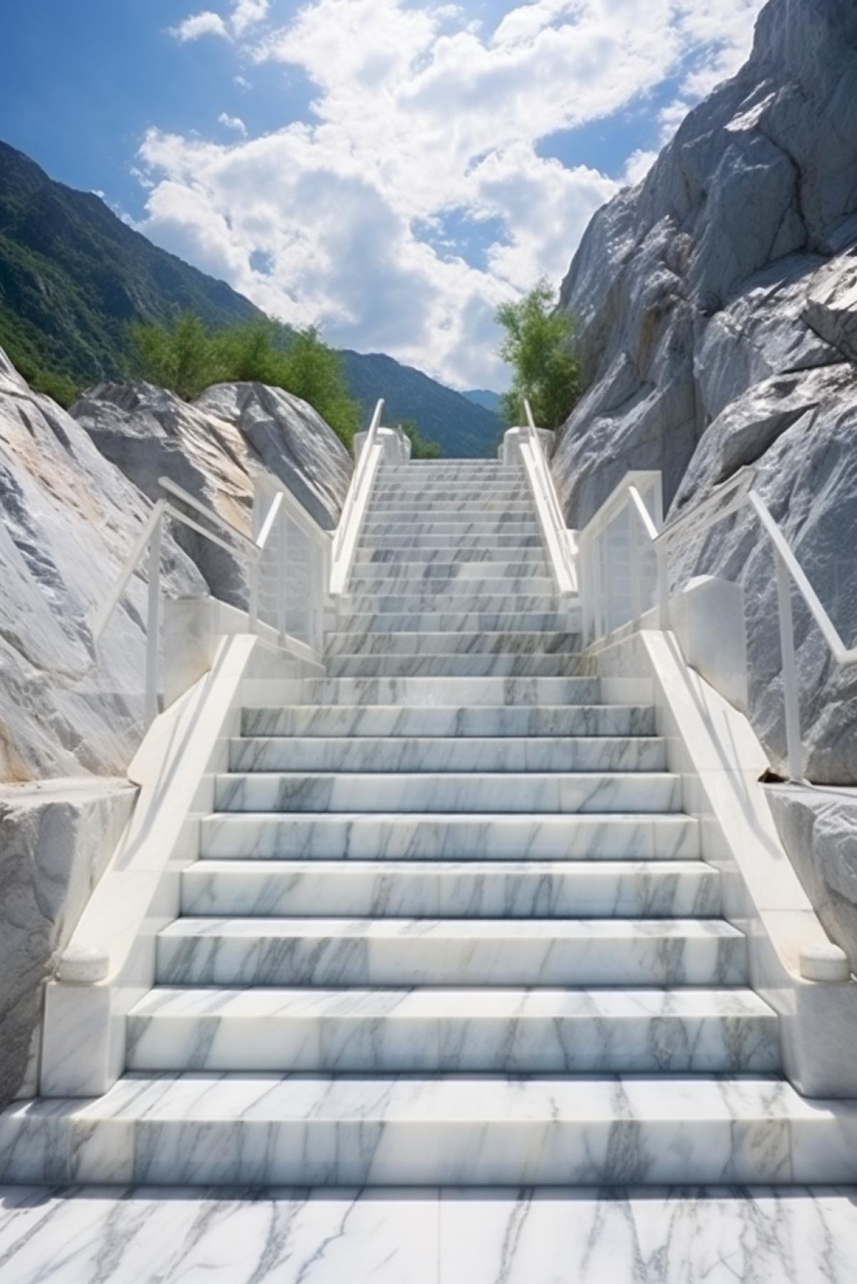 Marble long high polished gloss stairway up to white skies in white mountains white surroundings white skies white mountain river white trees awarded photo
