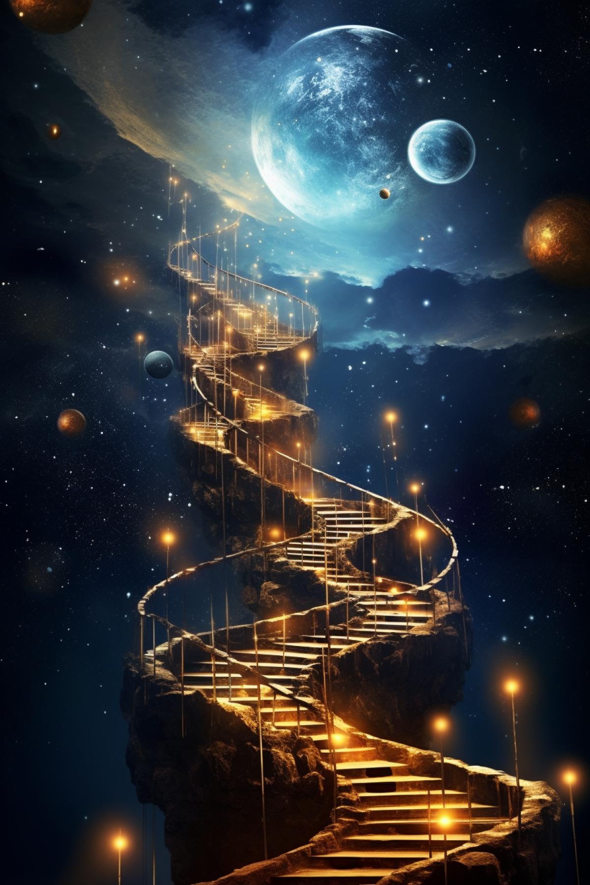 Stairway around the earth orbit in cosmic space made of gland steel shine of stars and far away constellations velvet darkness of space surrealistic art