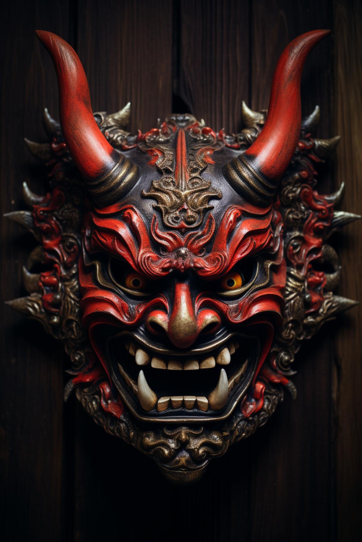 Traditional Oni mask, wood covered background, professional subject photo, matte filter, pixel density