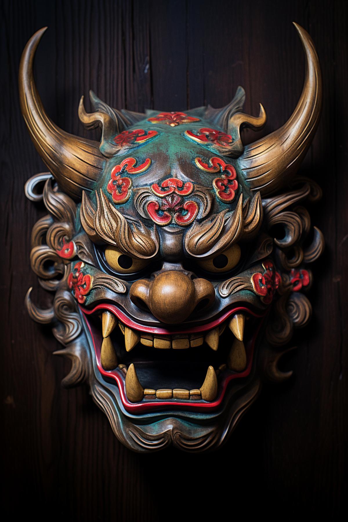 Traditional Oni mask, wood covered background, professional subject photo, matte filter, pixel density