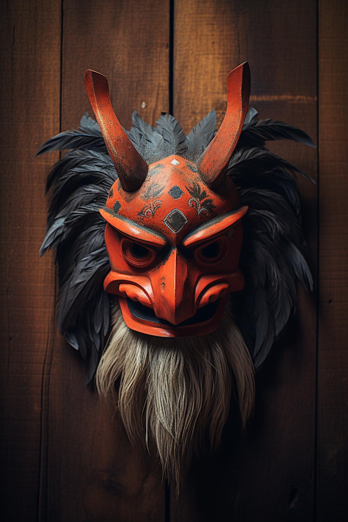 Traditional Tengu mask, wood covered background, professional subject photo, matte filter, pixel density