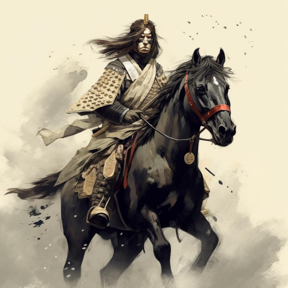 Japanese samurai in a suit and mask on a horse