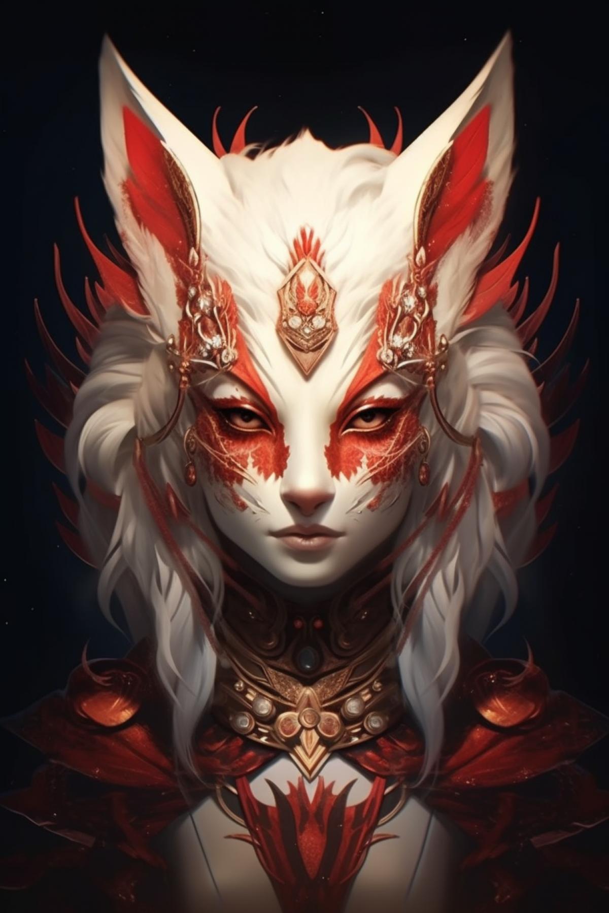Mesmerizing 8K portrait of a female mythical spirit fox, striking red half-white fox mask, captivating anime style, high-quality illustration, dynamic lighting, sharp focus, meticulous character design, majestic, captures the essence