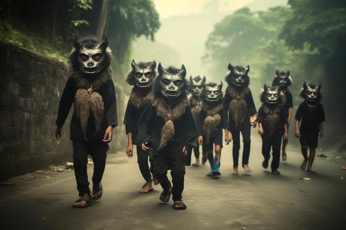 Children run and have fun wearing ominous ritual masks