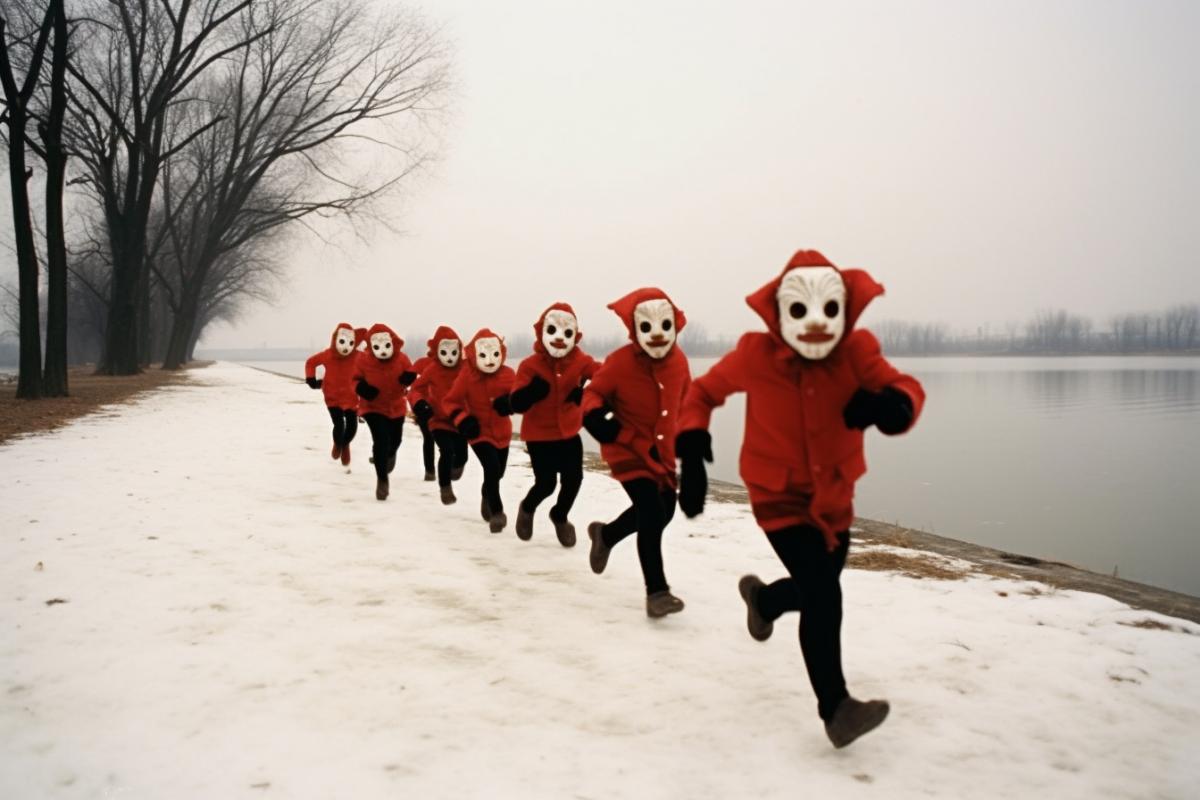 Children run and have fun wearing ominous ritual masks