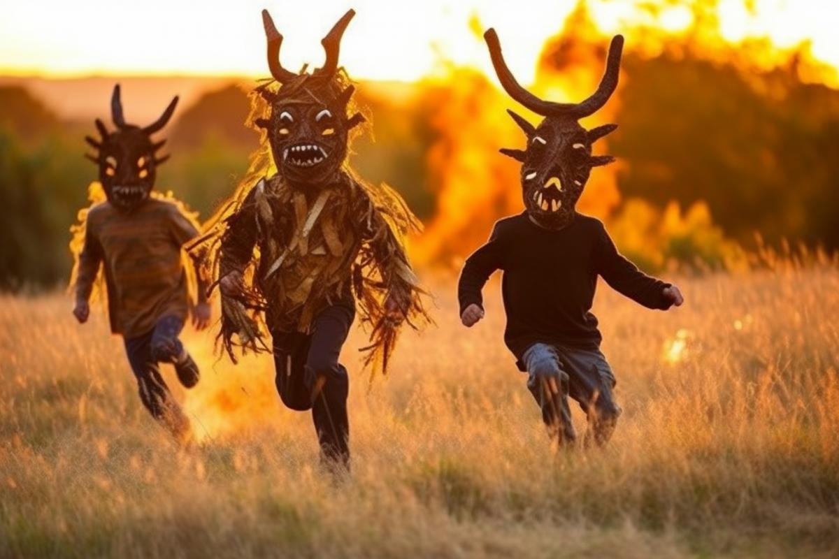 Children run and have fun wearing ominous ritual masks
