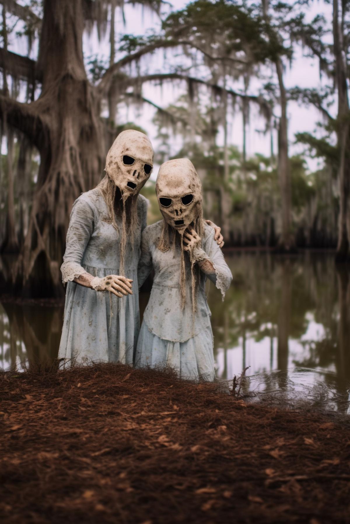 Scary ghosts in creepy masks in the swamp