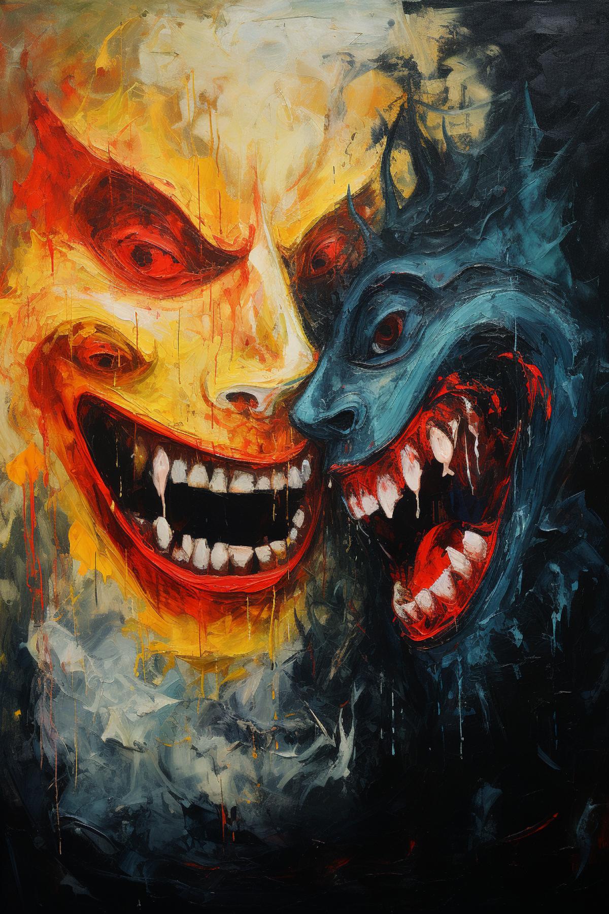 Angry aggressive misanthropic demon discarding the artificial mask of smiling kindness and emotionless benignity oil canvas art work