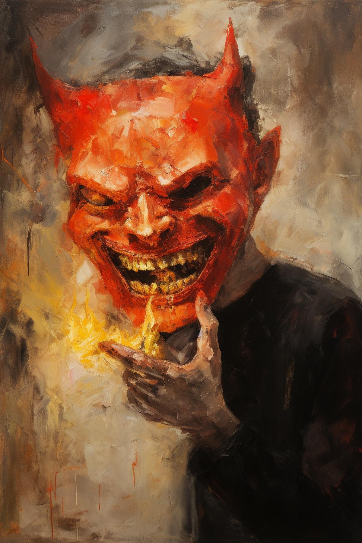 Angry aggressive misanthropic demon taking off the artificial mask of smiling kindness and emotionless benignity oil canvas art work