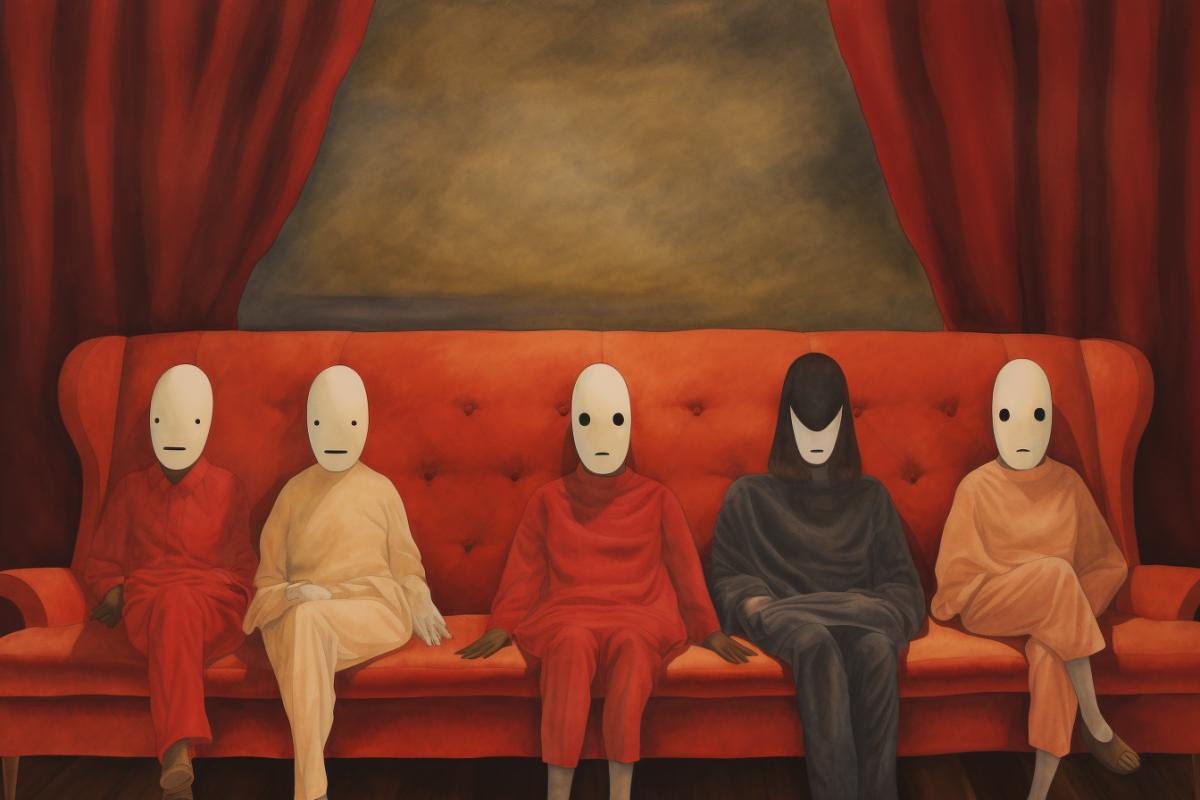 five people sit on a red couch and one of them is wearing a no face mask, in the style of whimsical anime, film, haunting structures, dark brown and light beige, kanō school, animated expressions, hayao miyazaki