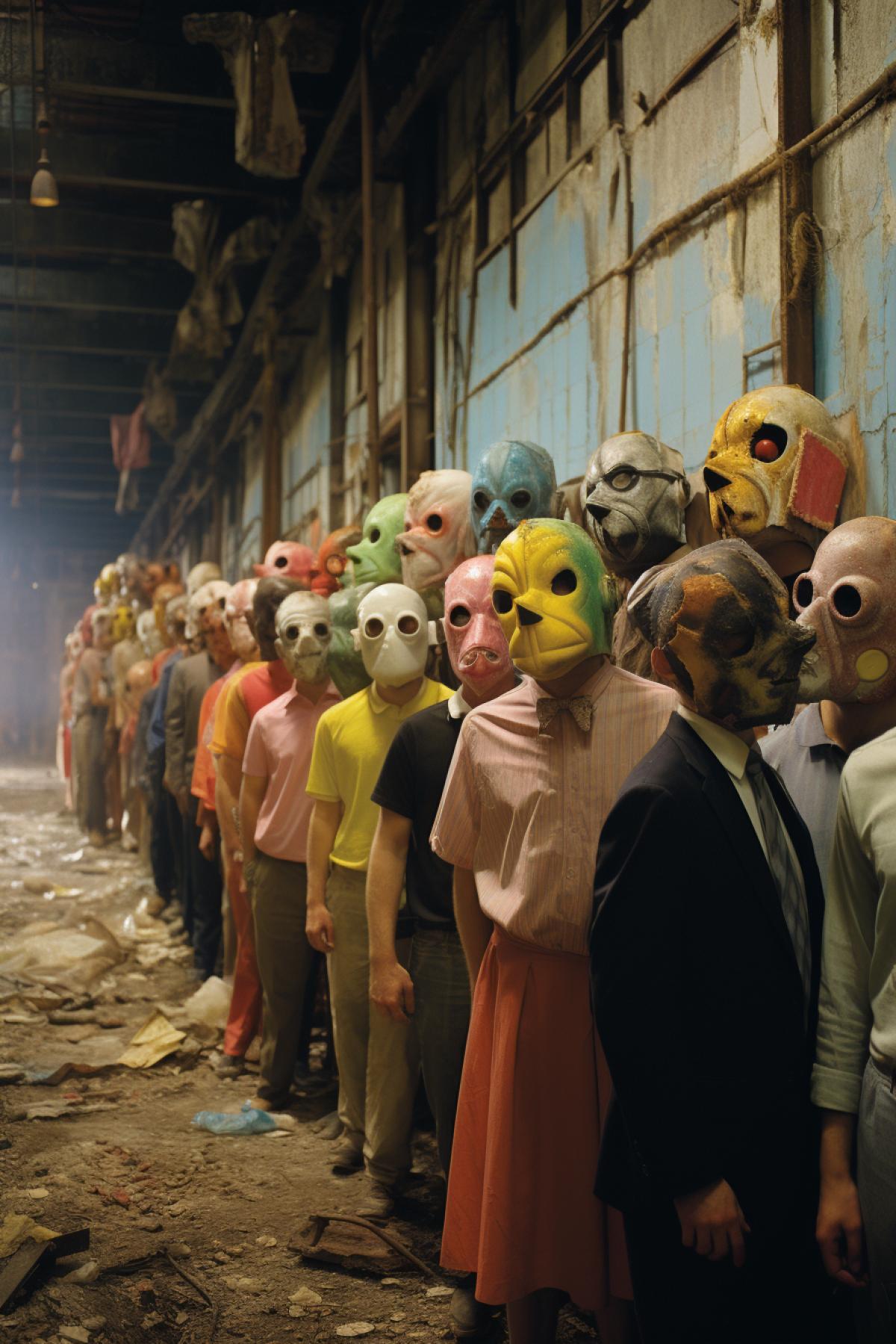 close up photo of men and women wearing creepy masks in an abandoned factory, bright colors, by Gregory crewdson and Alfred Hitchcock