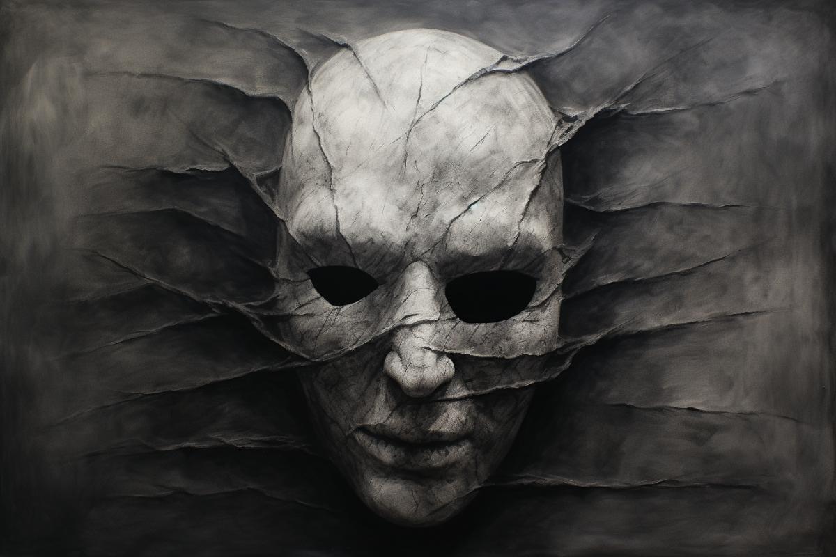 mask of fear, in the style of charcoal drawing